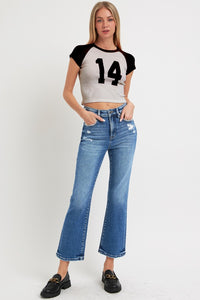 RISEN Tummy Control High Rise Cropped Blue Denim Bootcut Jeans