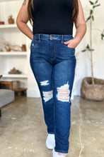 Load image into Gallery viewer, Judy Blue High Waist Destroyed Dark Blue Denim Straight Leg Jeans
