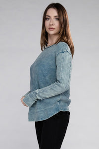 Zenana Mineral Washed Long Sleeve Soft Waffle Knit Top