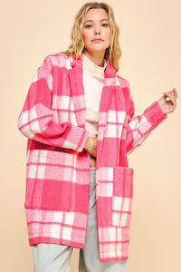 Davi & Dani Pink Plaid Open Front Longline Jacket