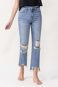 Lovervet High Waisted Distressed Chewed Raw Hem Blue Denim Straight Leg Jeans