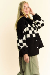 Davi & Dani Checkered Snap Down Vegan Fur Jacket