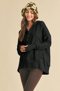 Aemi+Co Black Half Snap Dropped Shoulder Hoodie Top