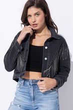 Ladda upp bild till gallerivisning, Sweet Generis Washed Rhinestone Fringe Cropped Denim Jacket
