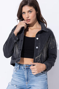 Sweet Generis Washed Rhinestone Fringe Cropped Denim Jacket