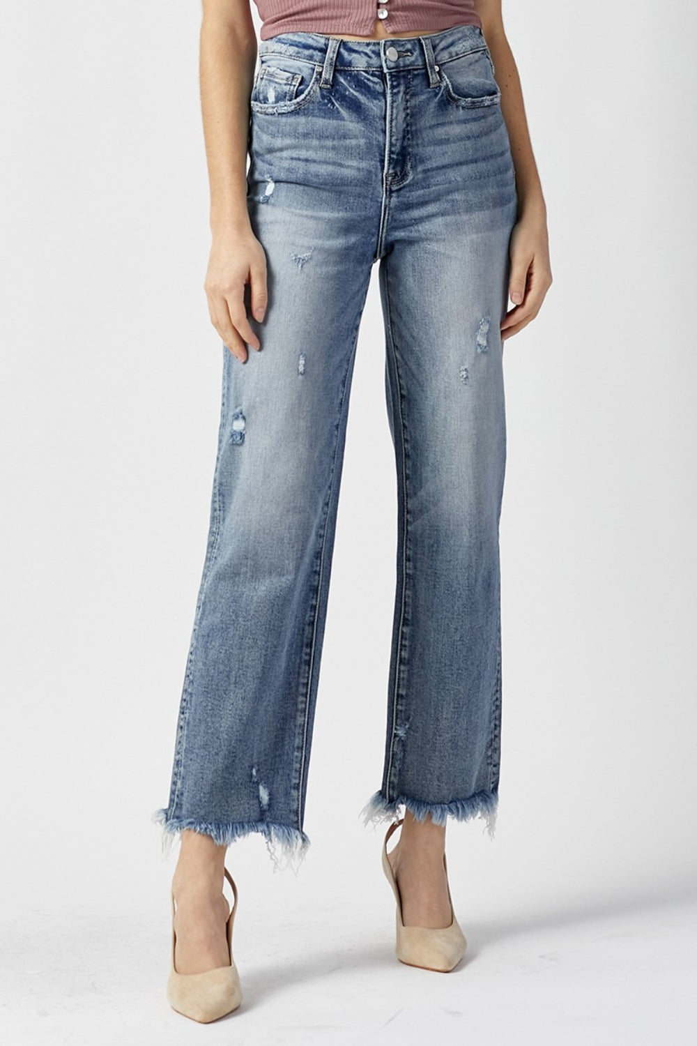 RISEN High Waisted Fringe Raw Hem Blue Denim Straight Leg Jeans