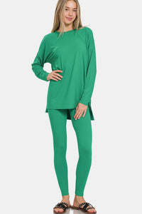 Zenana Green Brushed Microfiber Top and Leggings Lounge Set