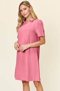 Double Take Solid Color Textured Collared Short Sleeve Dress