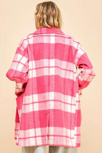 Davi & Dani Pink Plaid Open Front Longline Jacket