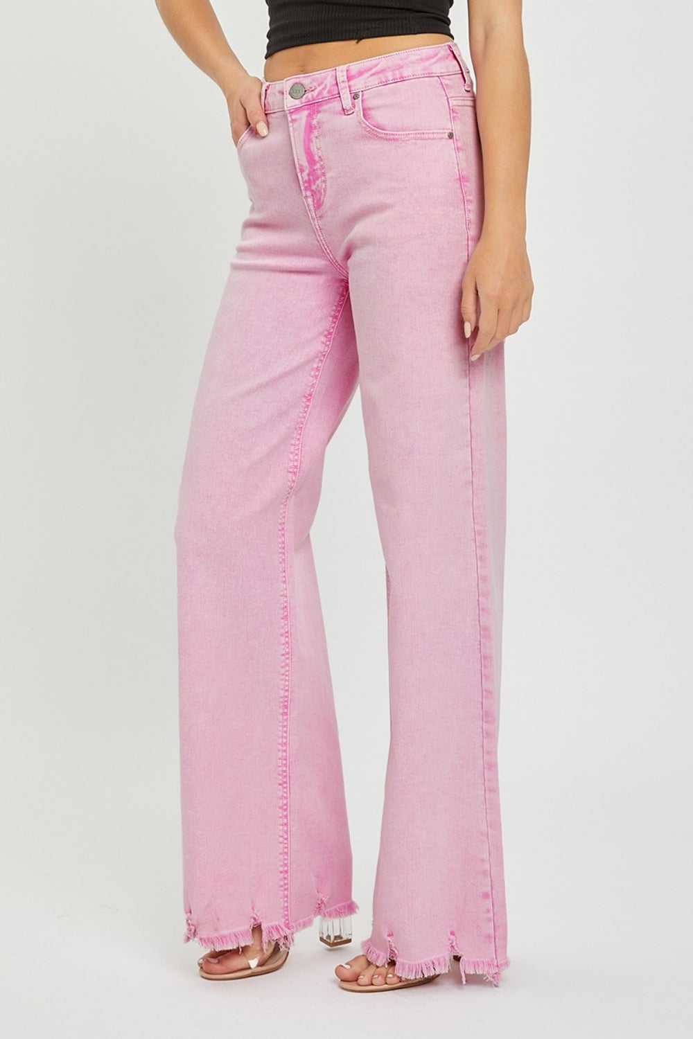 RISEN High Waisted Chewed Raw Hem Wide Leg Pink Denim Jeans