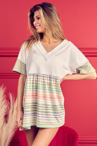 BiBi Colorblock Solid Striped Exposed Seam Oversized Relaxed Fit Top