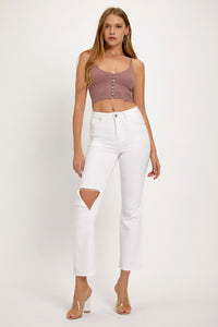 RISEN Distressed Cropped White Denim Straight Leg Jeans