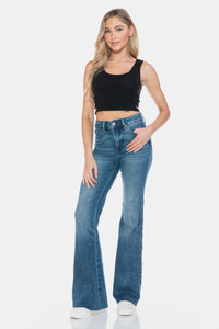 Judy Blue Tummy Control Raw Hem Blue Wash Denim Flared Leg Jeans