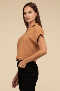 Hyfve Cuffed Sleeve Collared Cropped Linen Top