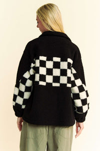 Davi & Dani Checkered Snap Down Vegan Fur Jacket