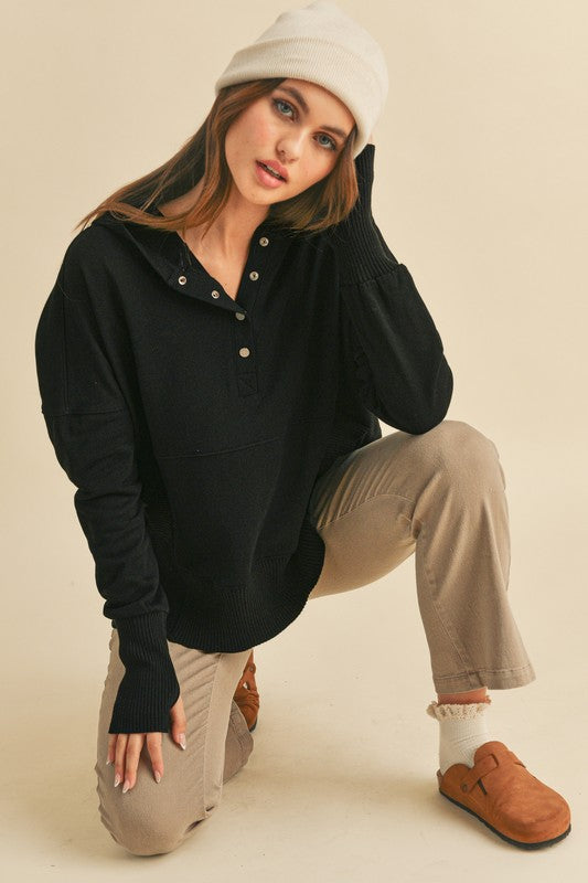 Aemi+Co Black Half Snap Dropped Shoulder Hoodie Top