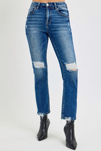 RISEN High Rise Distressed Crop Straight Leg Blue Denim Jeans