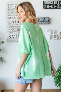 HOPELY Mint Green Star Pattern Oversized Waffle Knit Top