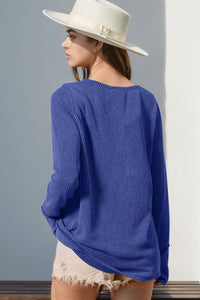 Double Take Solid Color Notched Thumbhole Long Sleeve Top