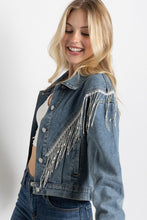 Ladda upp bild till gallerivisning, Sweet Generis Washed Rhinestone Fringe Cropped Denim Jacket
