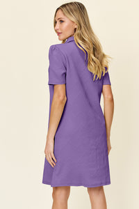 Double Take Solid Color Textured Collared Short Sleeve Dress