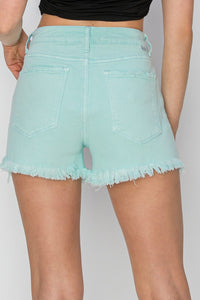 RISEN Mid Rise Raw Frayed Hem Mint Green Denim Jean Shorts