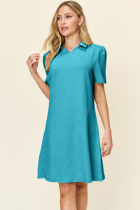 Double Take Solid Color Textured Collared Short Sleeve Dress