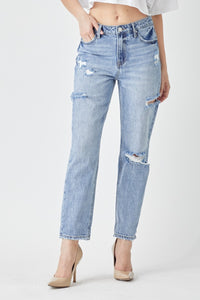 RISEN Distressed Slim Cropped Blue Denim Jeans