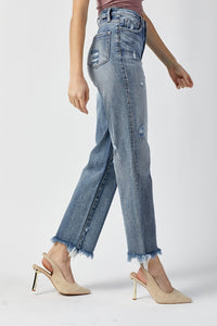 RISEN High Waisted Fringe Raw Hem Blue Denim Straight Leg Jeans