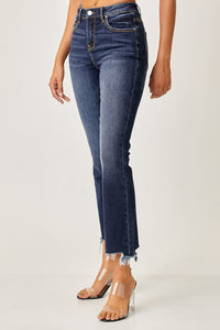 Risen Frayed Hem Cropped Blue Denim Straight Leg Jeans