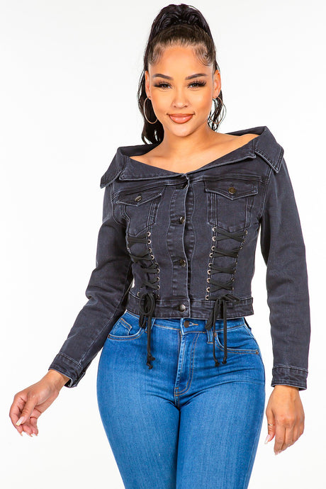 American Bazi Black Off Shoulder Lace Up Denim Jacket