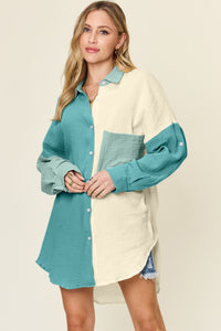 Double Take Textured Color Block Button Down Shirt