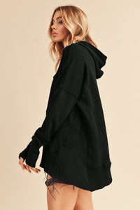 Aemi+Co Black Half Snap Dropped Shoulder Hoodie Top