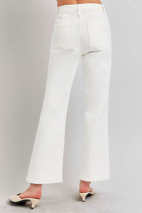 RISEN High Rise Ankle Flare Patch Pocket White Denim Jeans