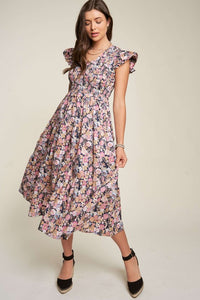 Davi & Dani Vintage Garden Floral Flutter Sleeve Smocked Dress