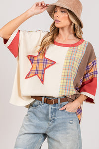 SAGE + FIG Plaid Color Block Star Patch Oversized Top