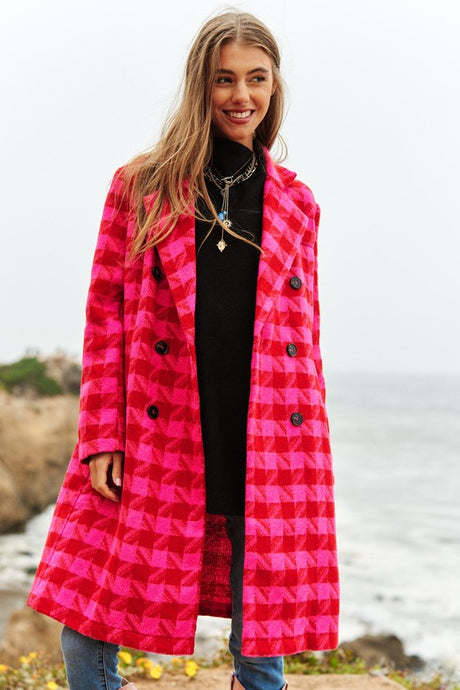 Textured Buttoned Textured Checkered Tweed Knit Coat