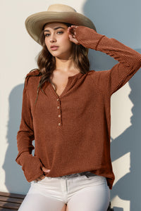 Double Take Solid Color Notched Thumbhole Long Sleeve Top