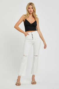 RISEN High Rise Button Fly White Denim Straight Leg Jeans