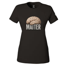 Carregar imagem no visualizador da galeria, A black short-sleeve crewneck t-shirt featuring a graphic of a beige brain above the word 'MATTER' in bold white letters, displayed on a clean white background.
