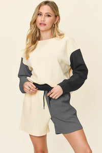 Double Take Color Block Contrast Drop Shoulder Loungewear Set