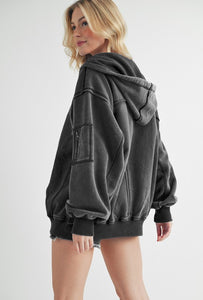 Aemi+Co Black Exposed Seam Zip Up Drawstring Hooded Jacket