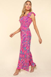 Haptics Multicolor Art Deco Smocked Wide Leg Jumpsuit