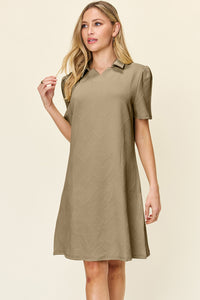 Double Take Solid Color Textured Collared Short Sleeve Dress