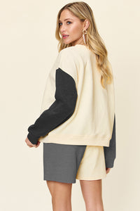 Double Take Color Block Contrast Drop Shoulder Loungewear Set