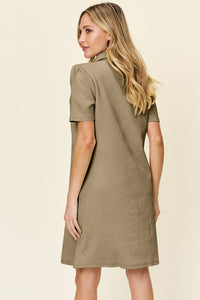 Double Take Solid Color Textured Collared Short Sleeve Dress