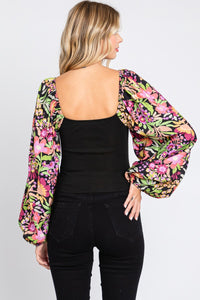 ODDI Floral Balloon Sleeve Top