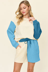 Double Take Color Block Contrast Drop Shoulder Loungewear Set