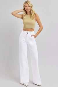 RISEN Tummy Control Double Button Wide Leg White Denim Jeans