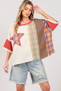 SAGE + FIG Plaid Color Block Star Patch Oversized Top